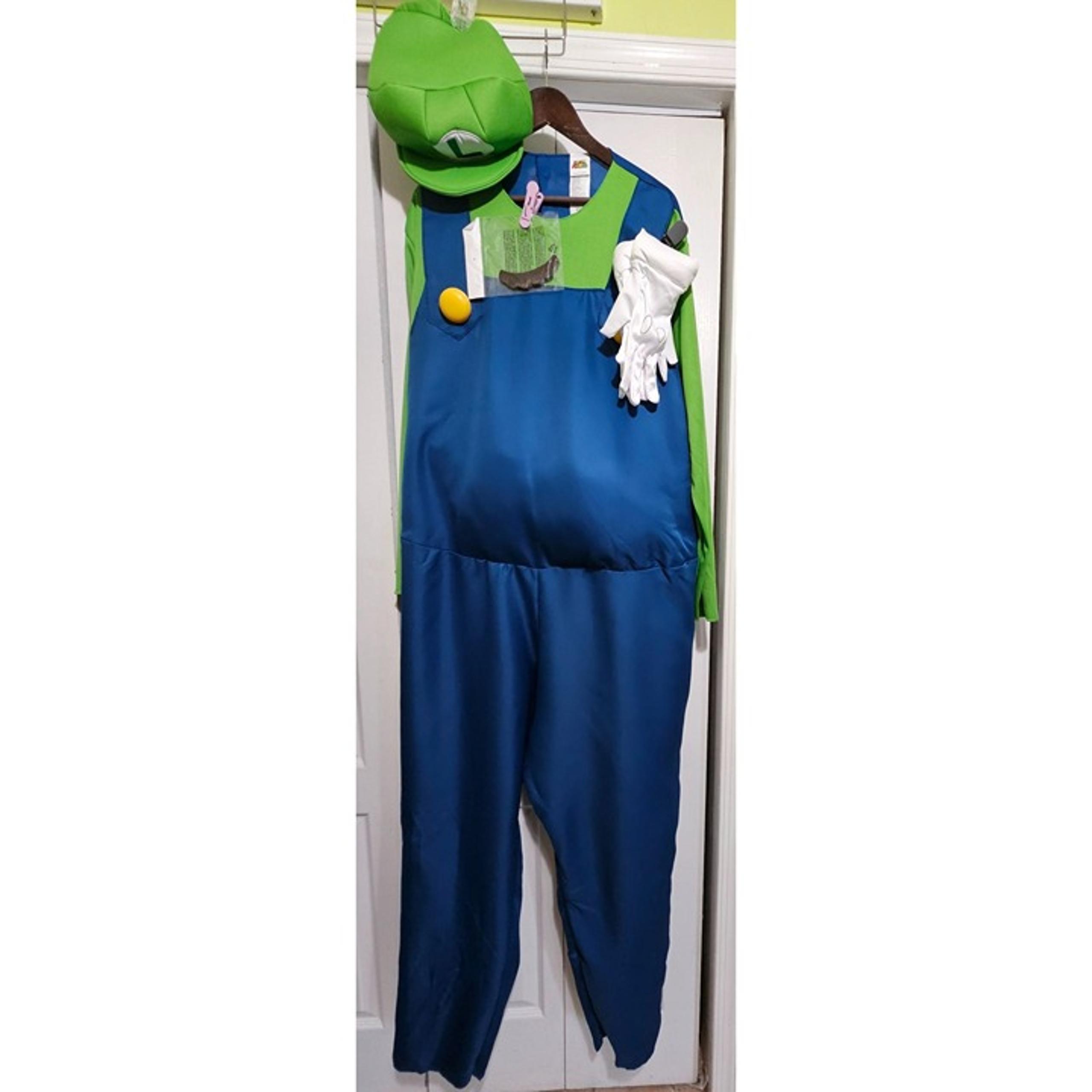 Luigi Costume Super Mario Halloween Overall Jumpsuit Gloves Hat Adult Mens XXL