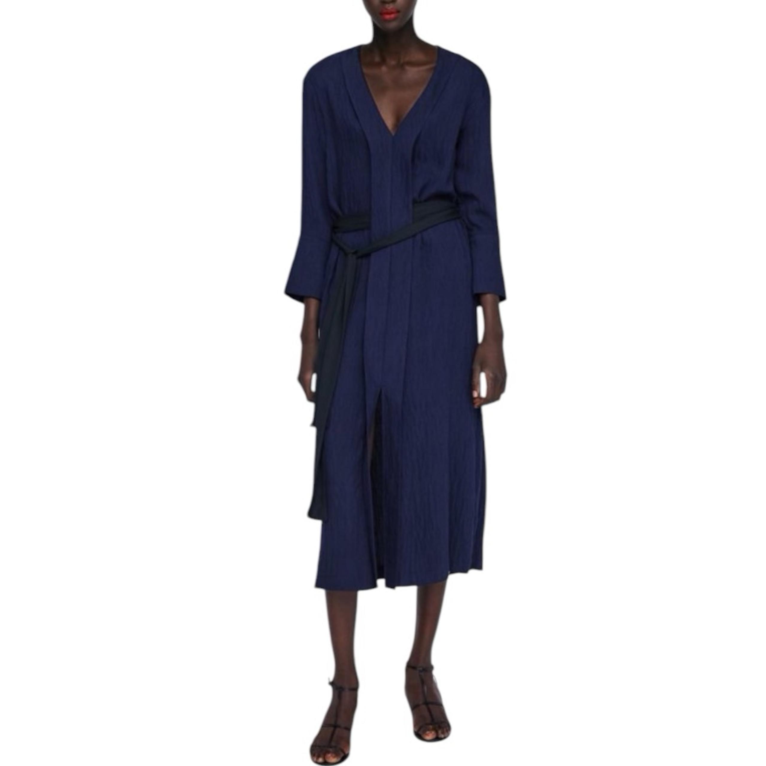 Zara Tie Waist Belt Pleat Front Slit V Neck 3/4 Sleeve Midi Dress Navy Large