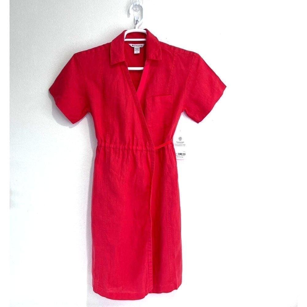 Athleta Dress Playa Wrap Coral Dress Passion Fruit 100% Linen Classic Chic