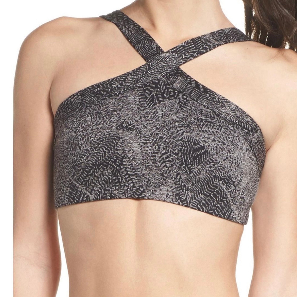 Beyond Yoga S Sports Bra High Cut Criss Cross Graphic Soft Space Dye Black Gray