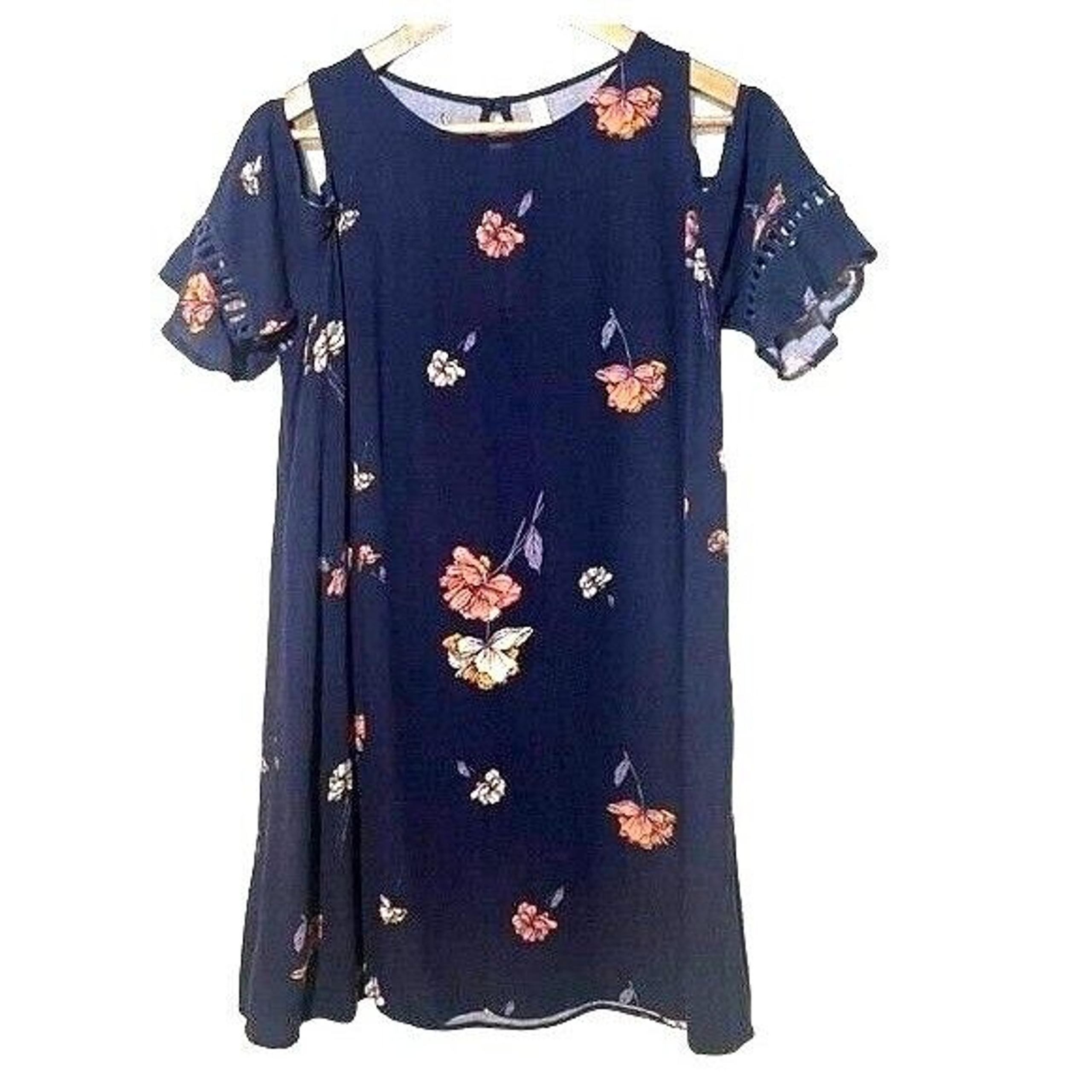 Xhilaration Dress Women's Medium Cold Shoulder Mini Navy Floral