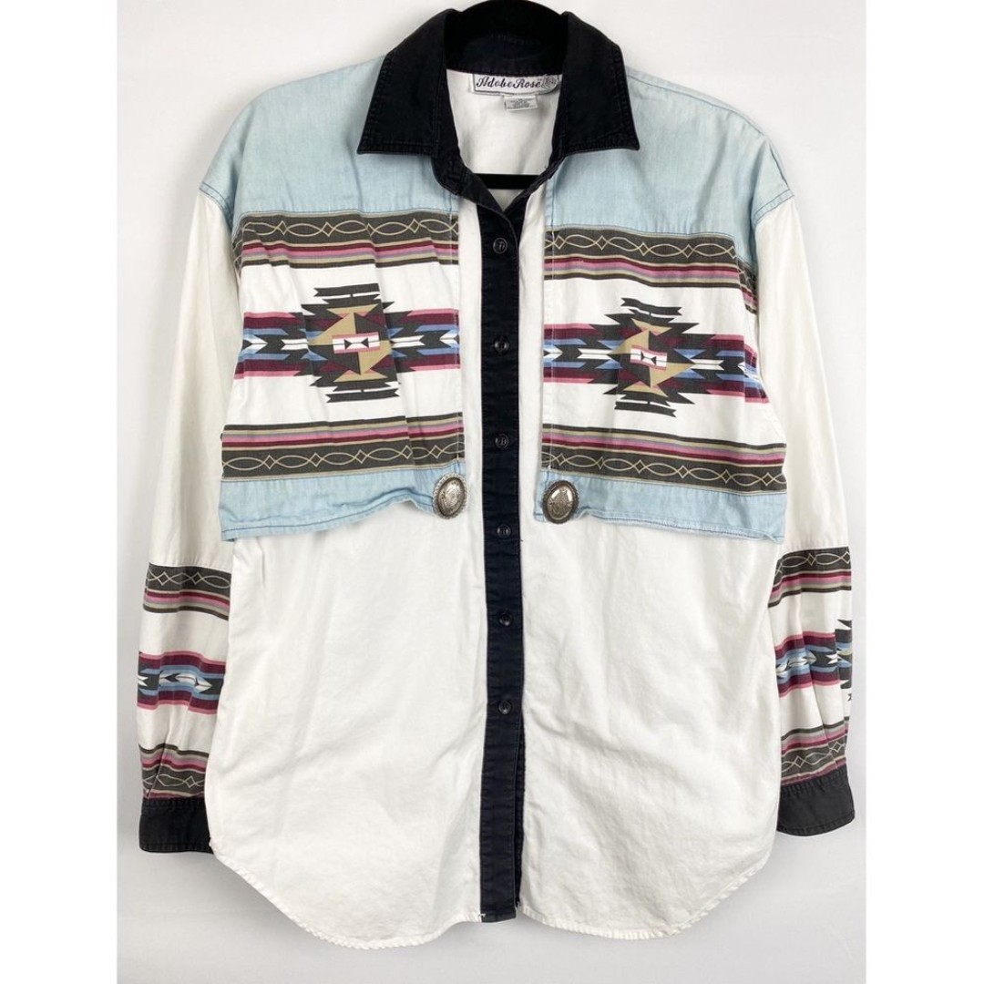 Vintage Adobe Rose Long Sleeve Button Down Aztec Western Rodeo Shirt - Size M