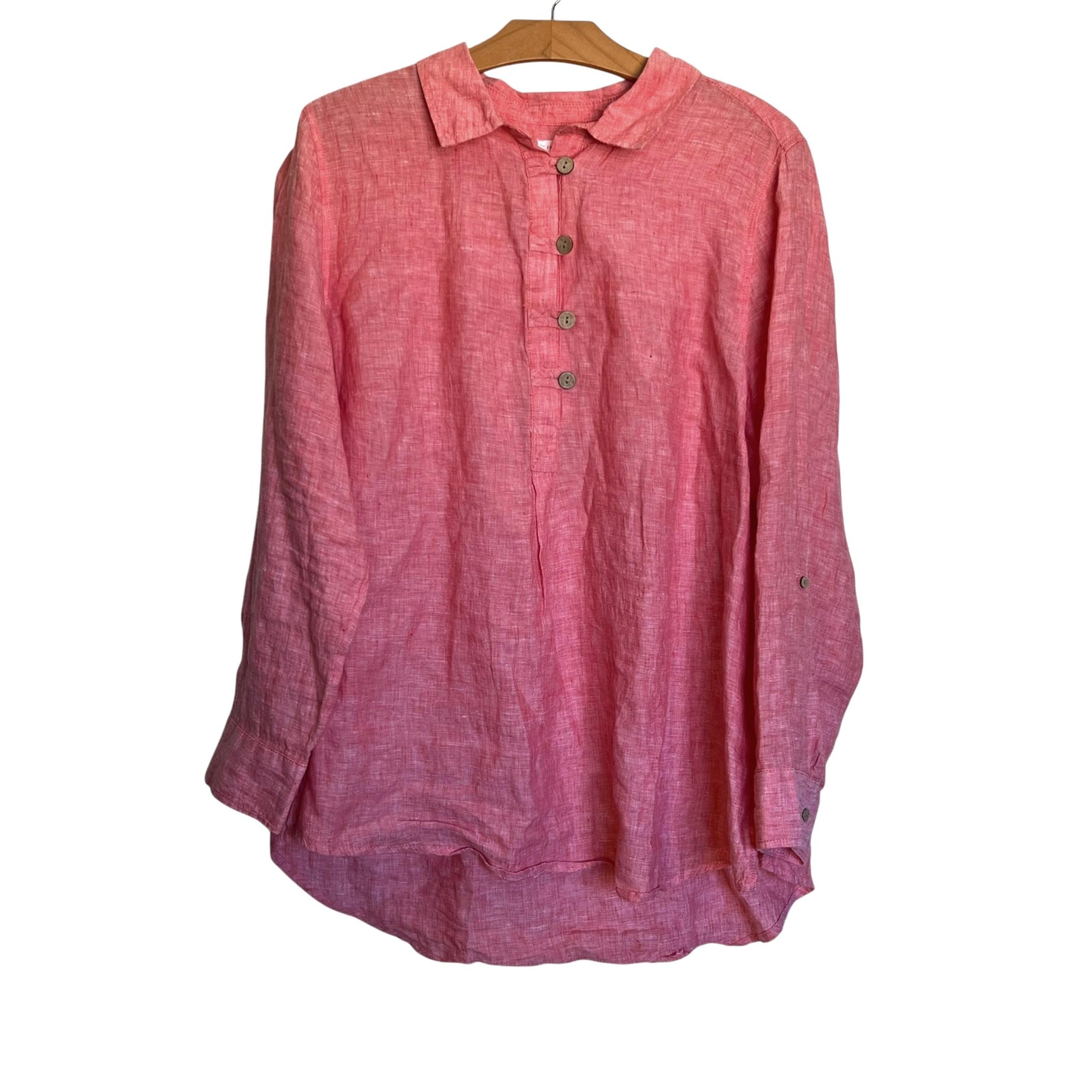 Sigrid Olsen 100% Linen Tunic Top Henley Half Button Long Sleeve Coral Blouse 1X