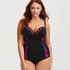 Torrid Black & Pink Lattice Peekaboo Push Up Demi Swimsuit One Piece Size 2