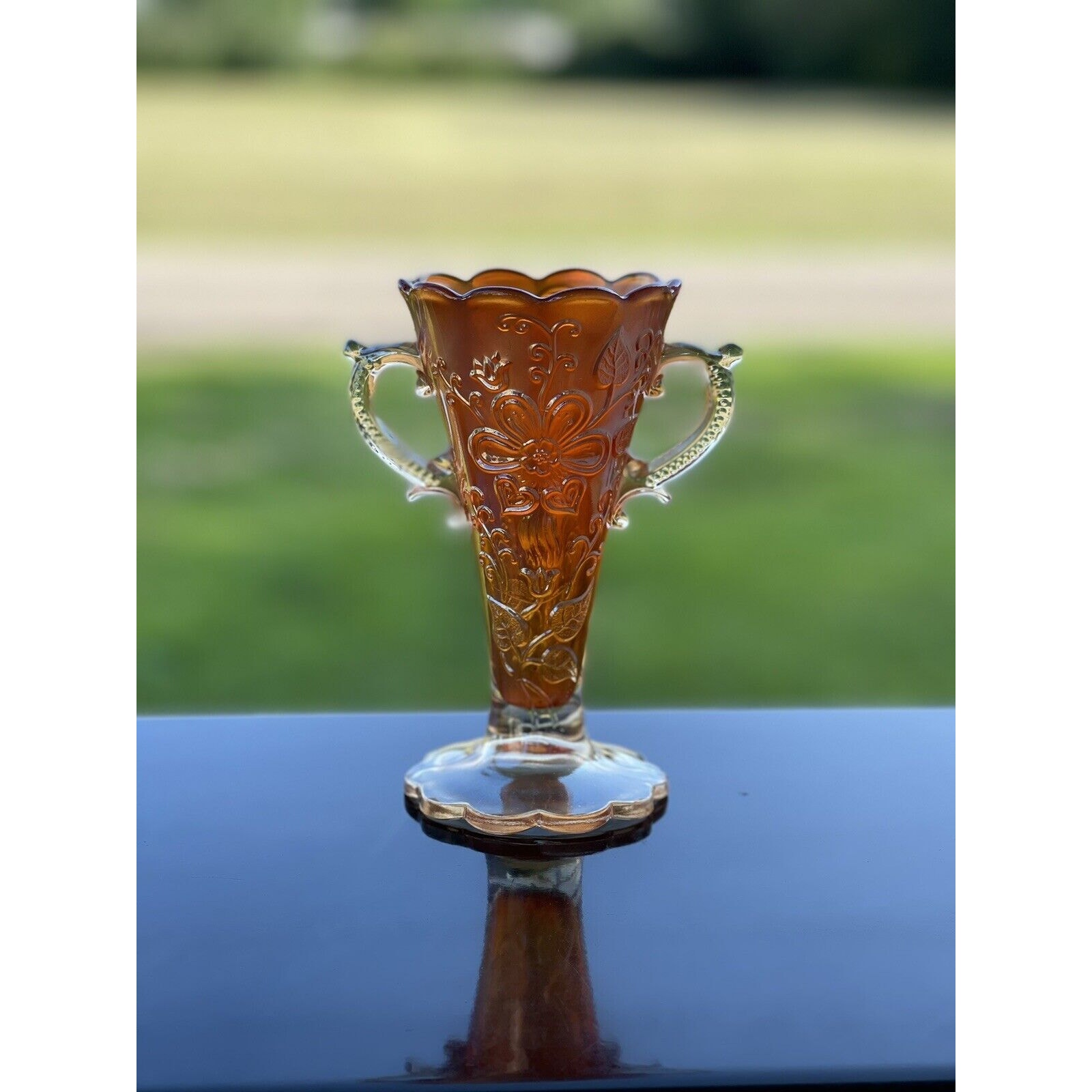 Antique Dugan Mary Ann 6-1/4” Marigold Glass Handled Footed (c 1915) Vase