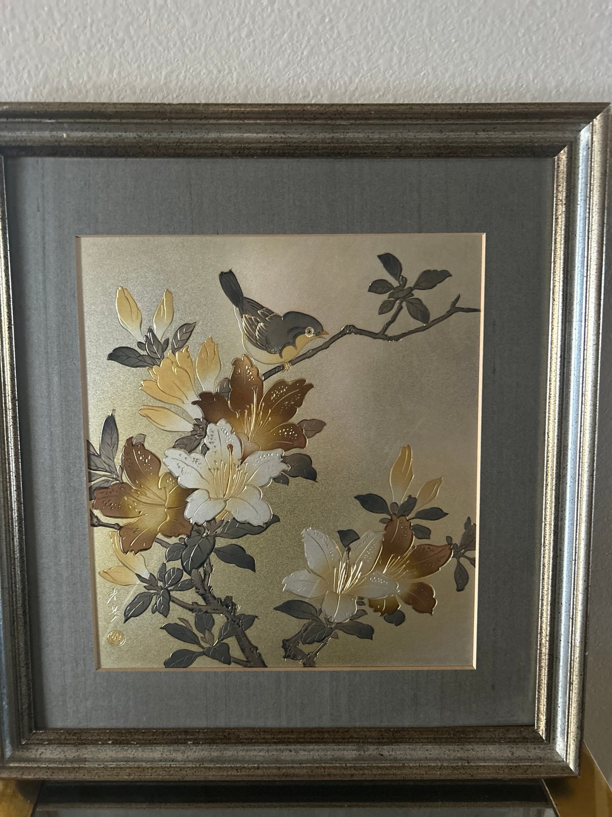 Vintage framed Bird on Lily branch Lin-Art picture