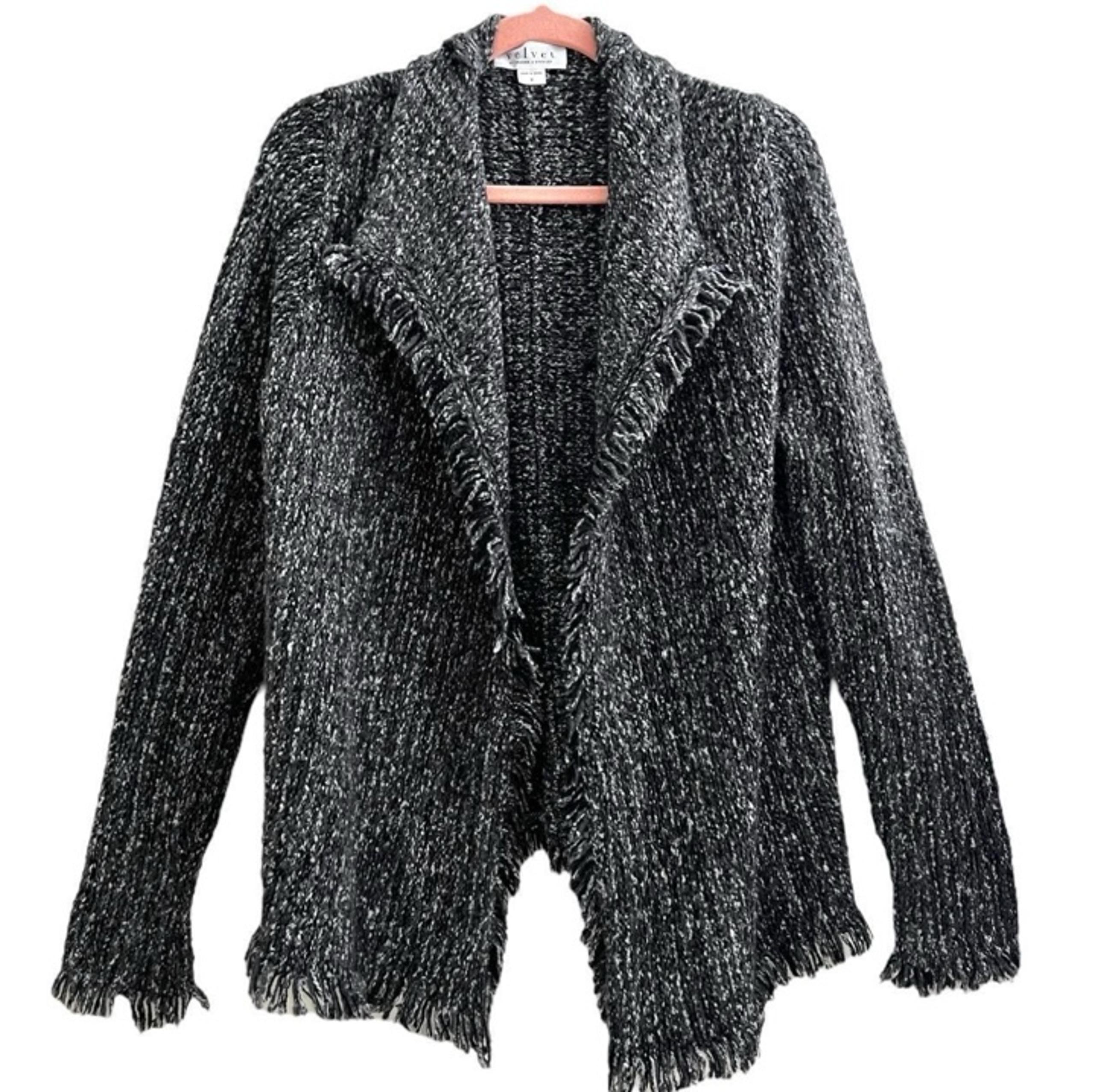 Velvet by Graham & Spencer Tweed Chunky Knit Fringe Open Front Cardigan