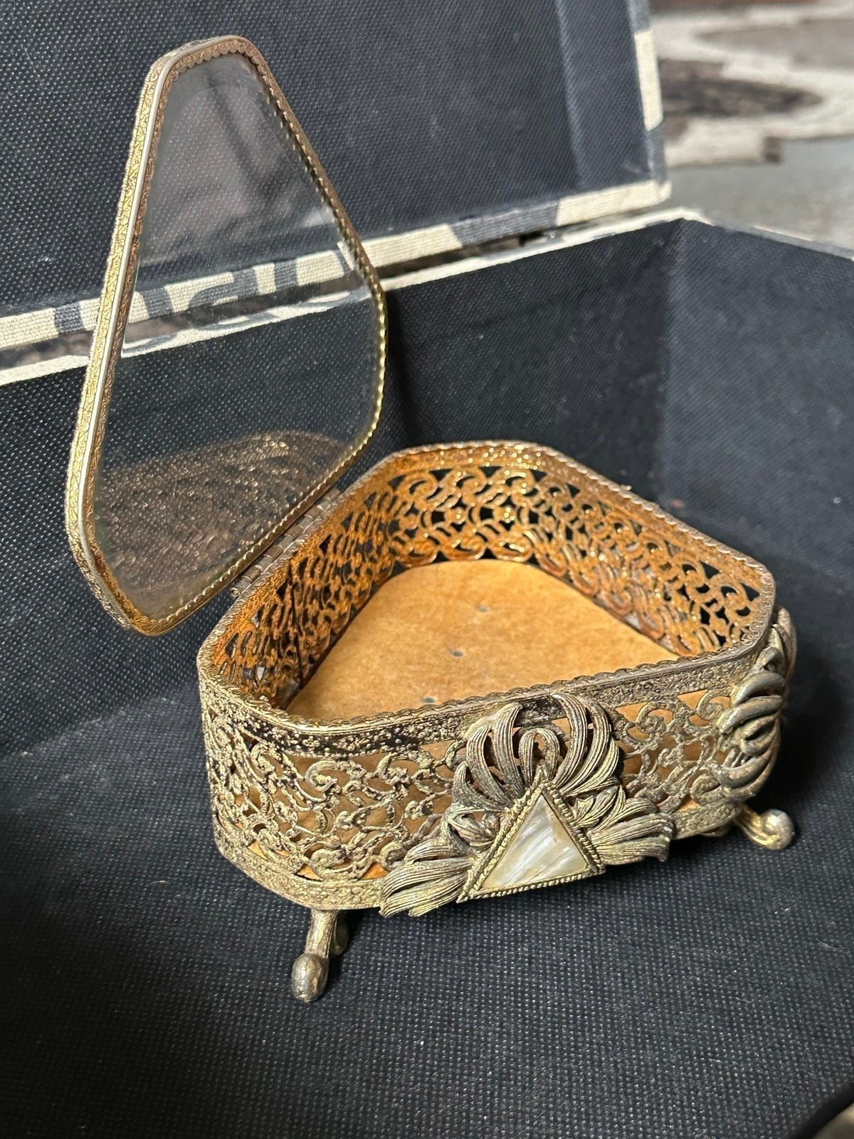 VINTAGE Hollywood Regency Gold Footed Box, Beveled Glass Lid (Unique Design !!!)