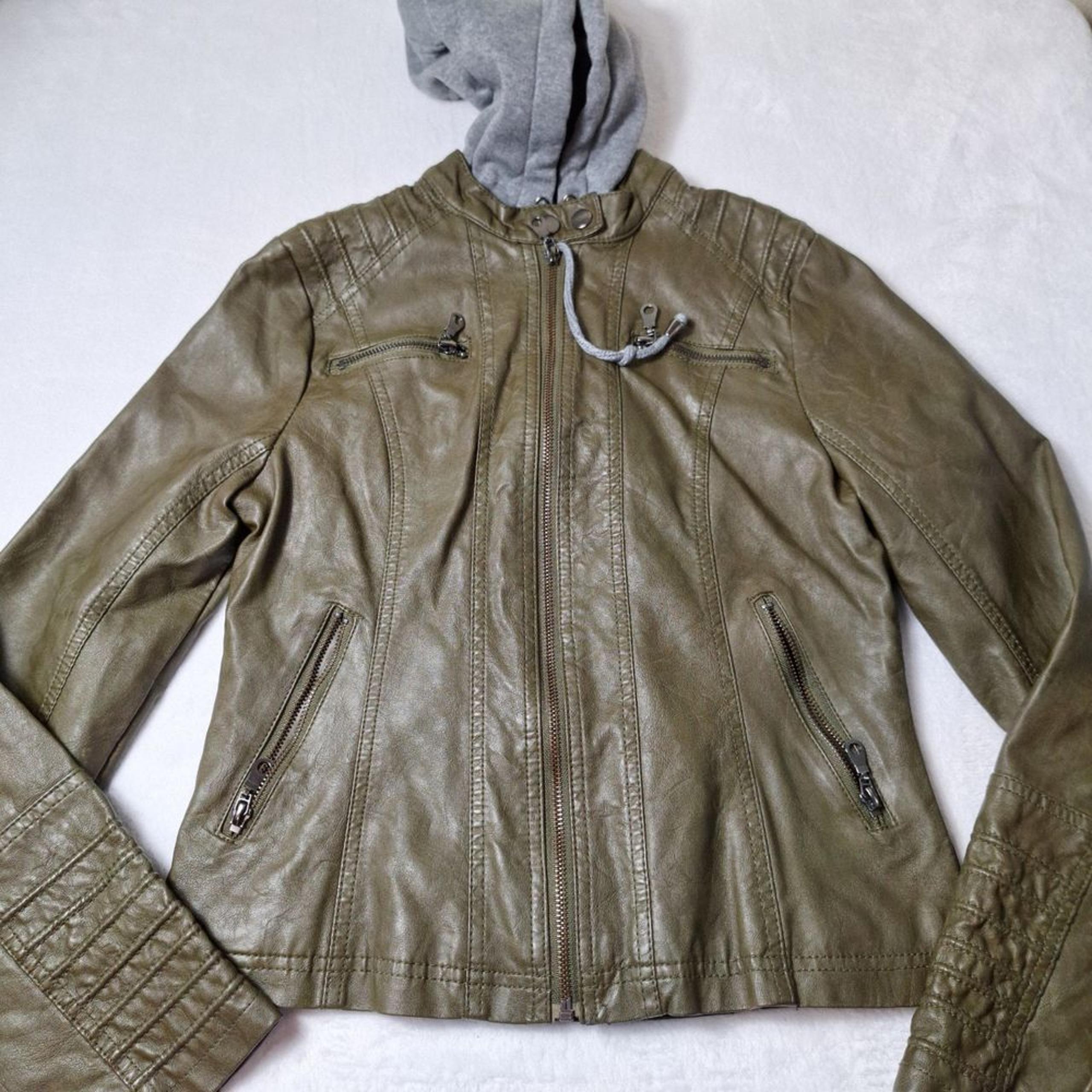 MARALYN & ME Faux Leather Moto Jacket Sz S Green Gray Sweatshirt Hoodie Trim