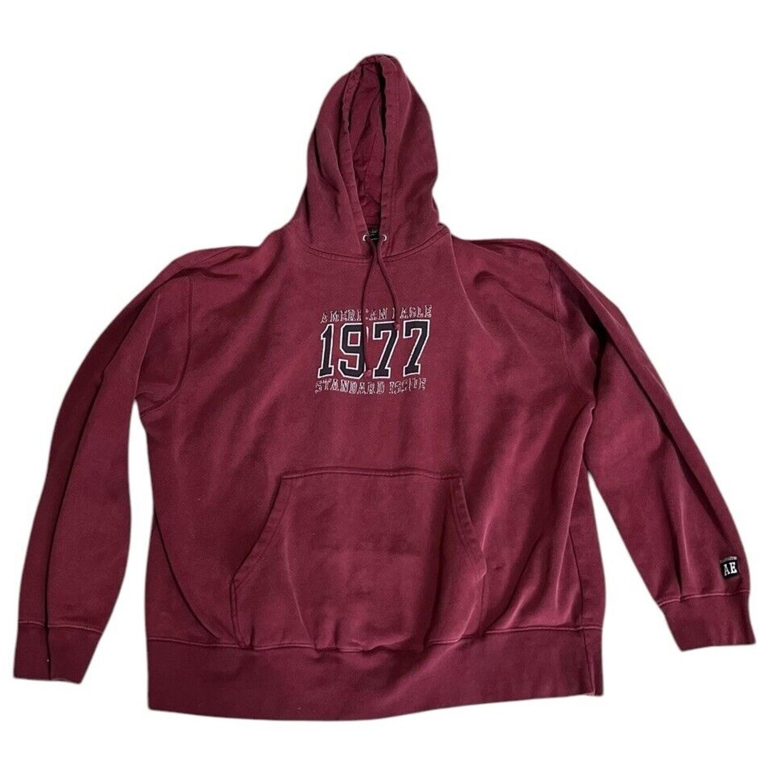 Y2K American Eagle Hoodie Mens XL Burgundy Skater Varsity Style 1977 Relaxed Fit