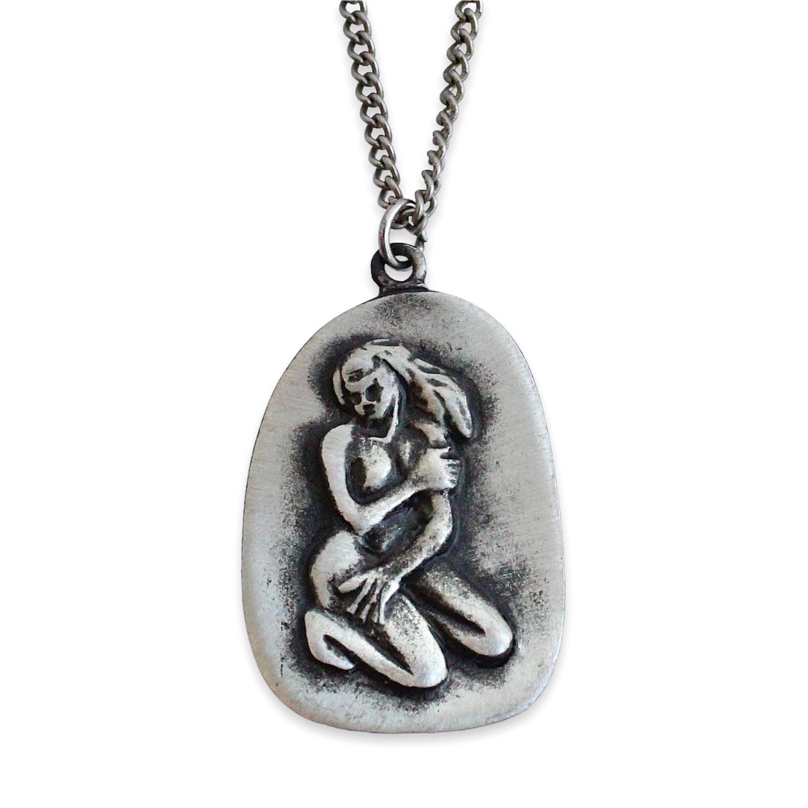 Vintage Pewter Virgo Pendant Necklace Virgin Zodiac Sign 23.75” Long Chain