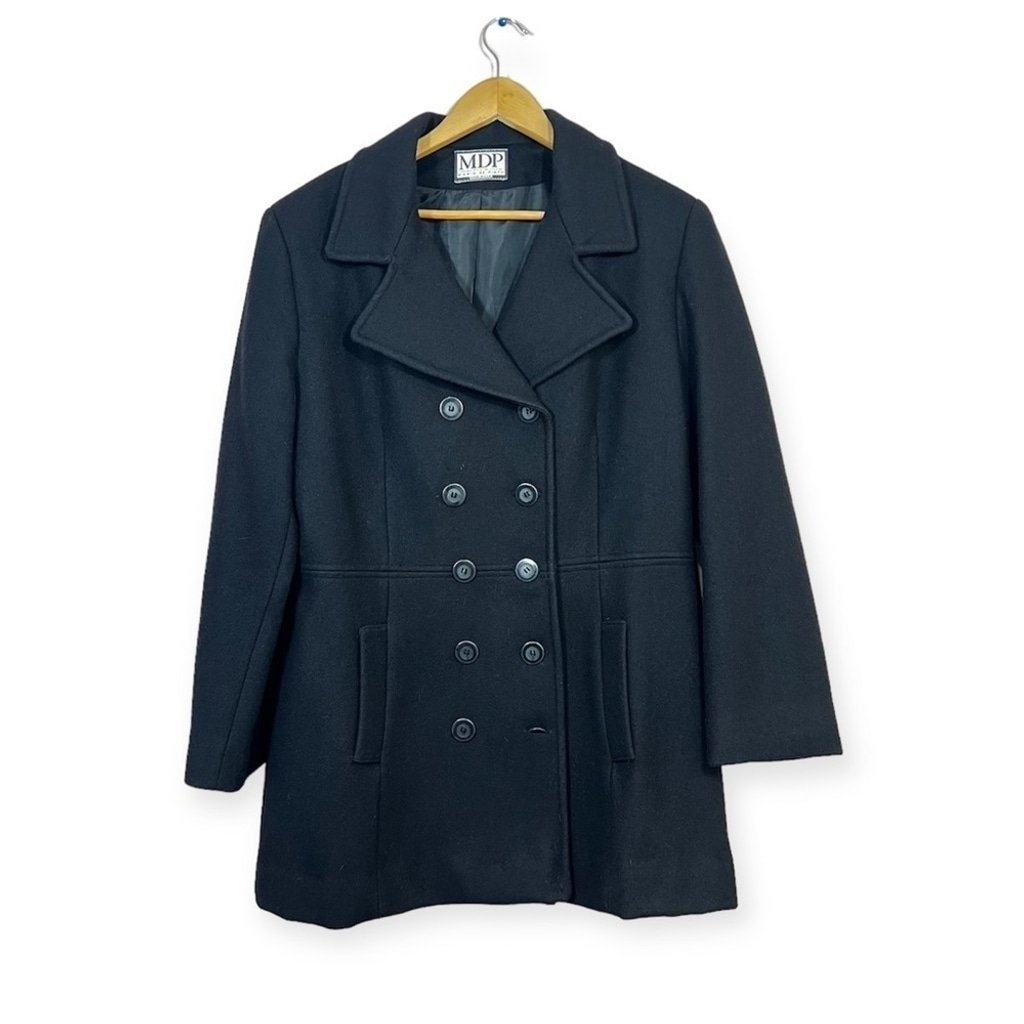 Vintage MDP Mario De Pinto Black Double Breasted Pea Coat Wool Jacket USA Sz L