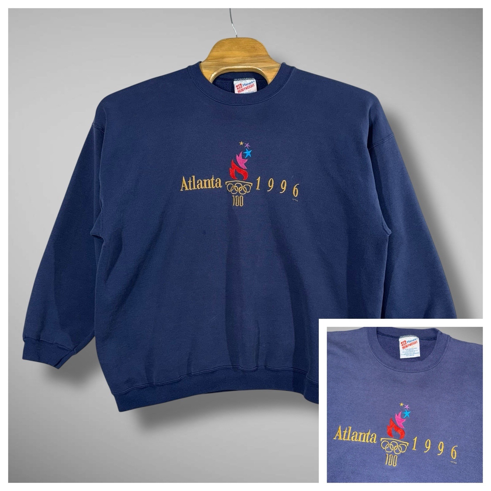 Vintage 1996 Hanes Atlanta Olympics Navy Crewneck Sweatshirt 2XL Embroidered USA