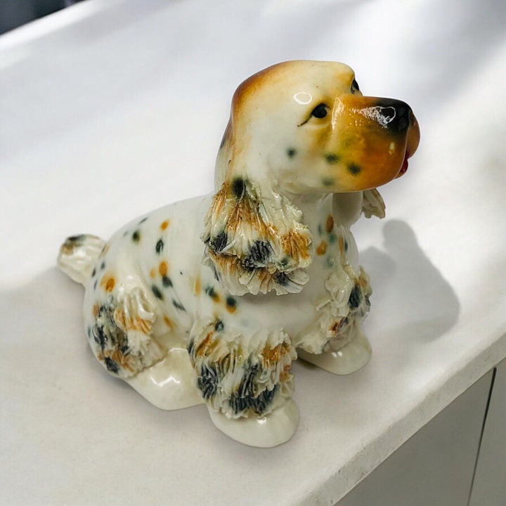 VTG WALES Speckled COCKER SPANIEL Figurine White Brown Black Furry Puppy Pet EUC