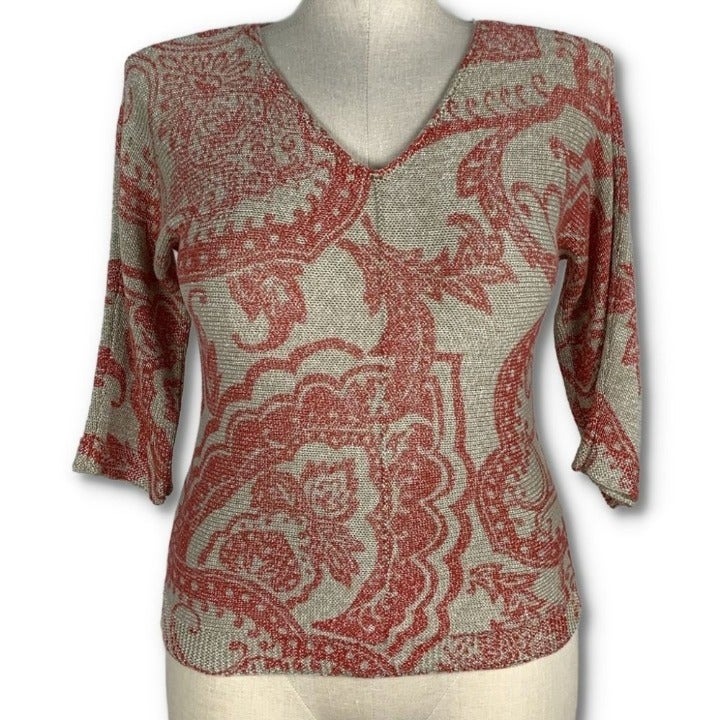 Chicos womens sweater size 0 S 4 coral tan Paisley open knit v-neck