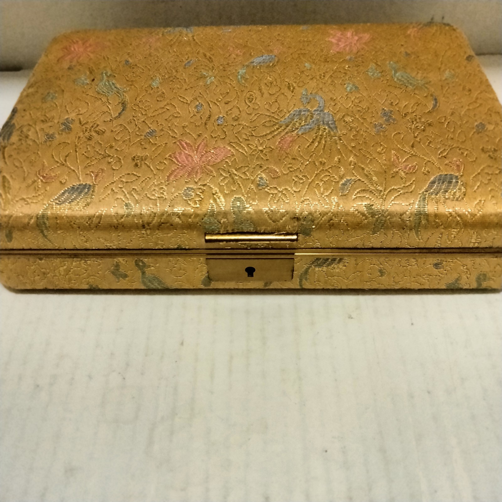 Vintage Oriental Embroidered Silk Jewelry Box With Brass Trim & Hardware