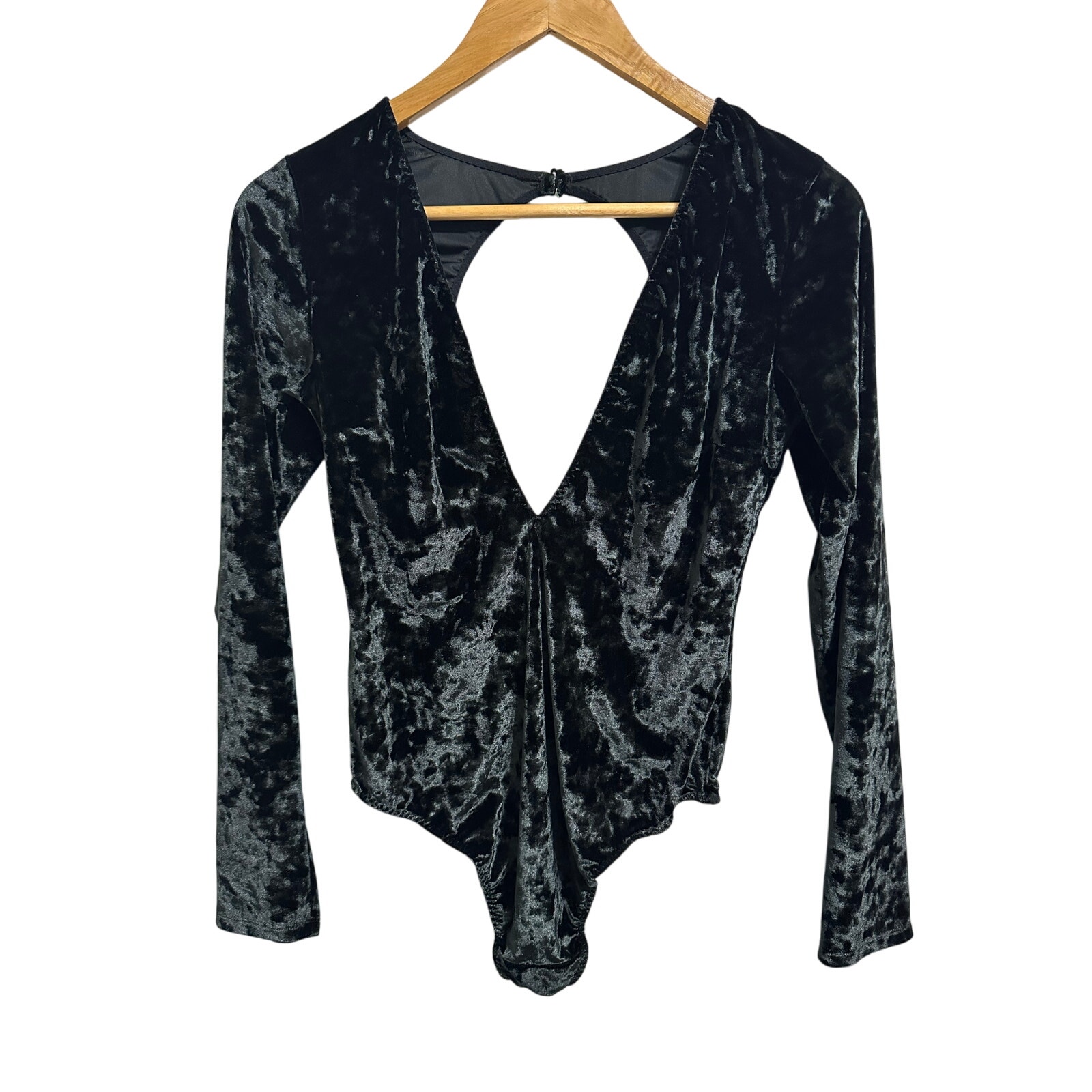 Victoria Secret plunge v-neck crushed velvet black open back bodysuit size M/L