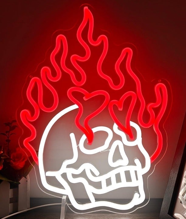 Lovely Bright Red Fire Skull Heart LED Night Light Rom Wall Decor