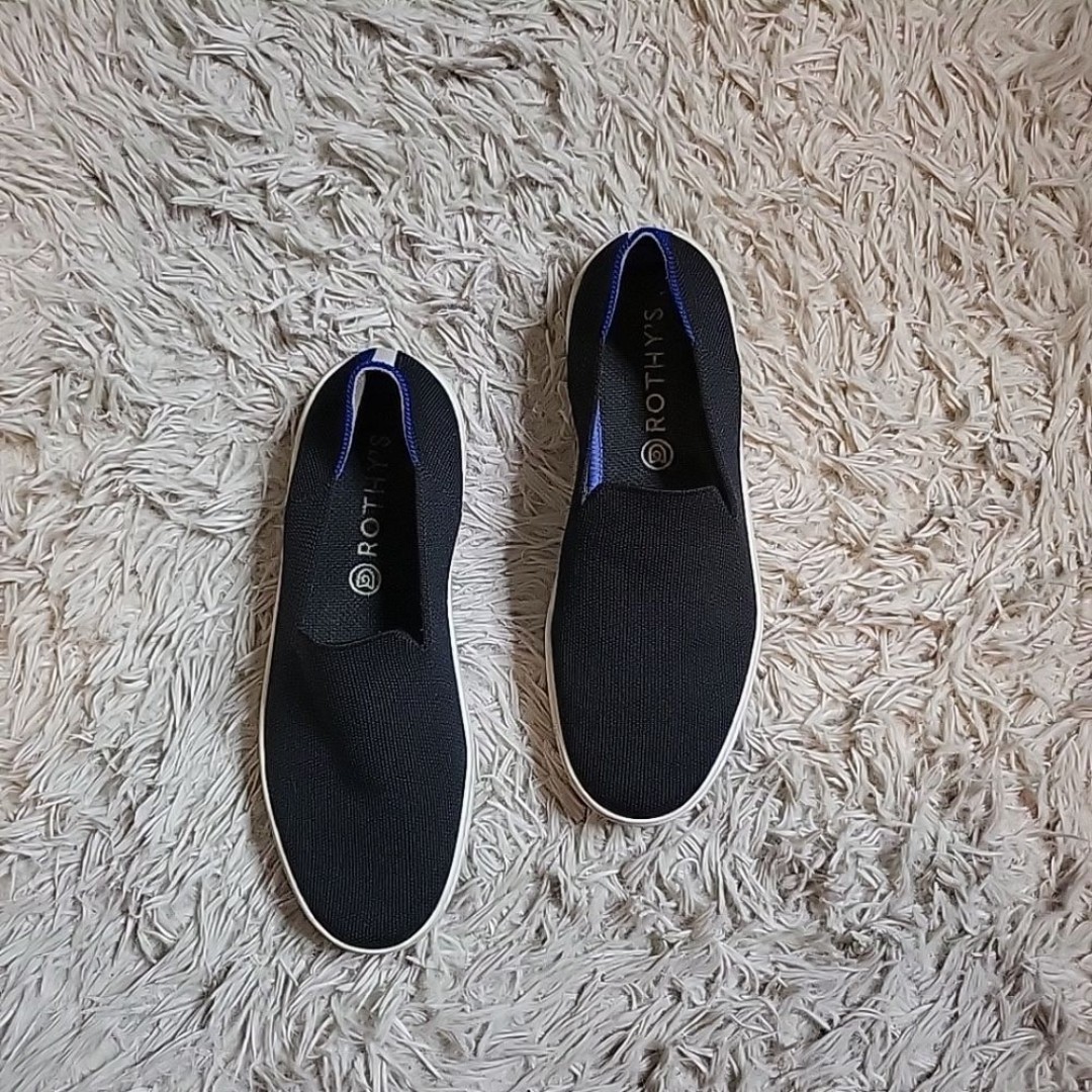 Rothy's The Sneaker Black Women US 8.5 Athletic Slip On Boat Shoe Blue Stripe
