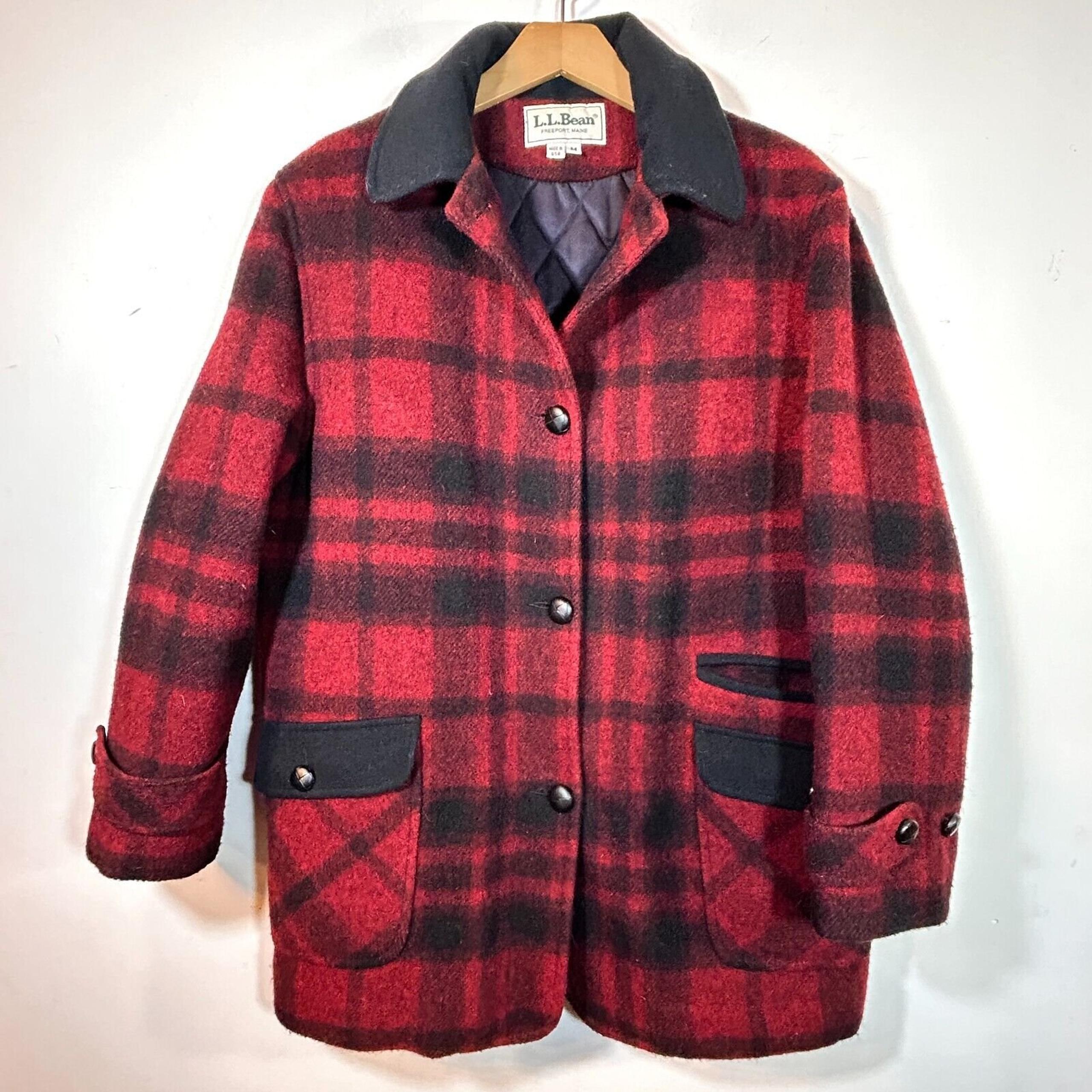 Vintage LL Bean Wool Coat Womens M Red Black Plaid Made In USA
