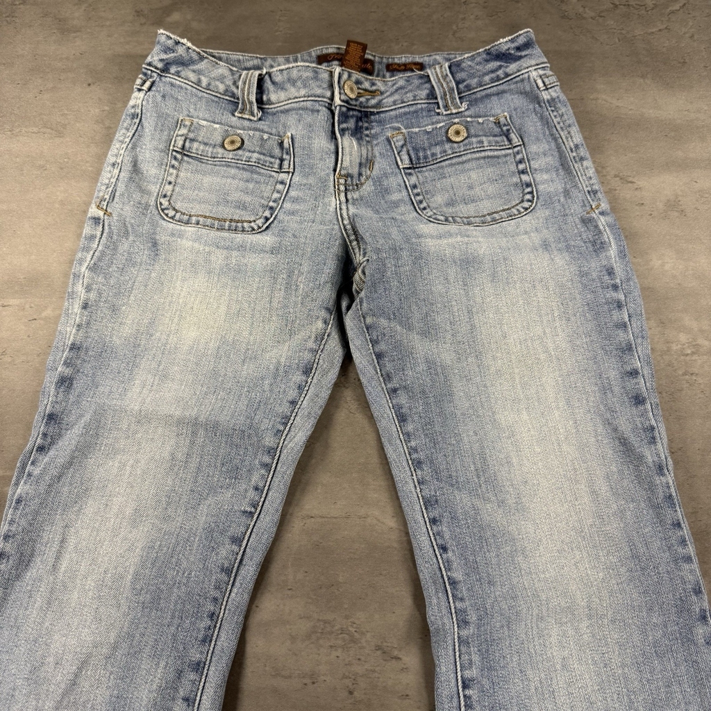 Aeropostale Jean Women 7 8 L Flare Wide Leg Distressed Light Wash Fade Pockets