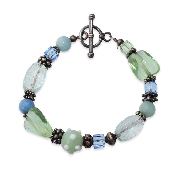 Vintage Mixed Art Glass Beaded Bracelet Lampwork Bead Green Blue Sterling Silver