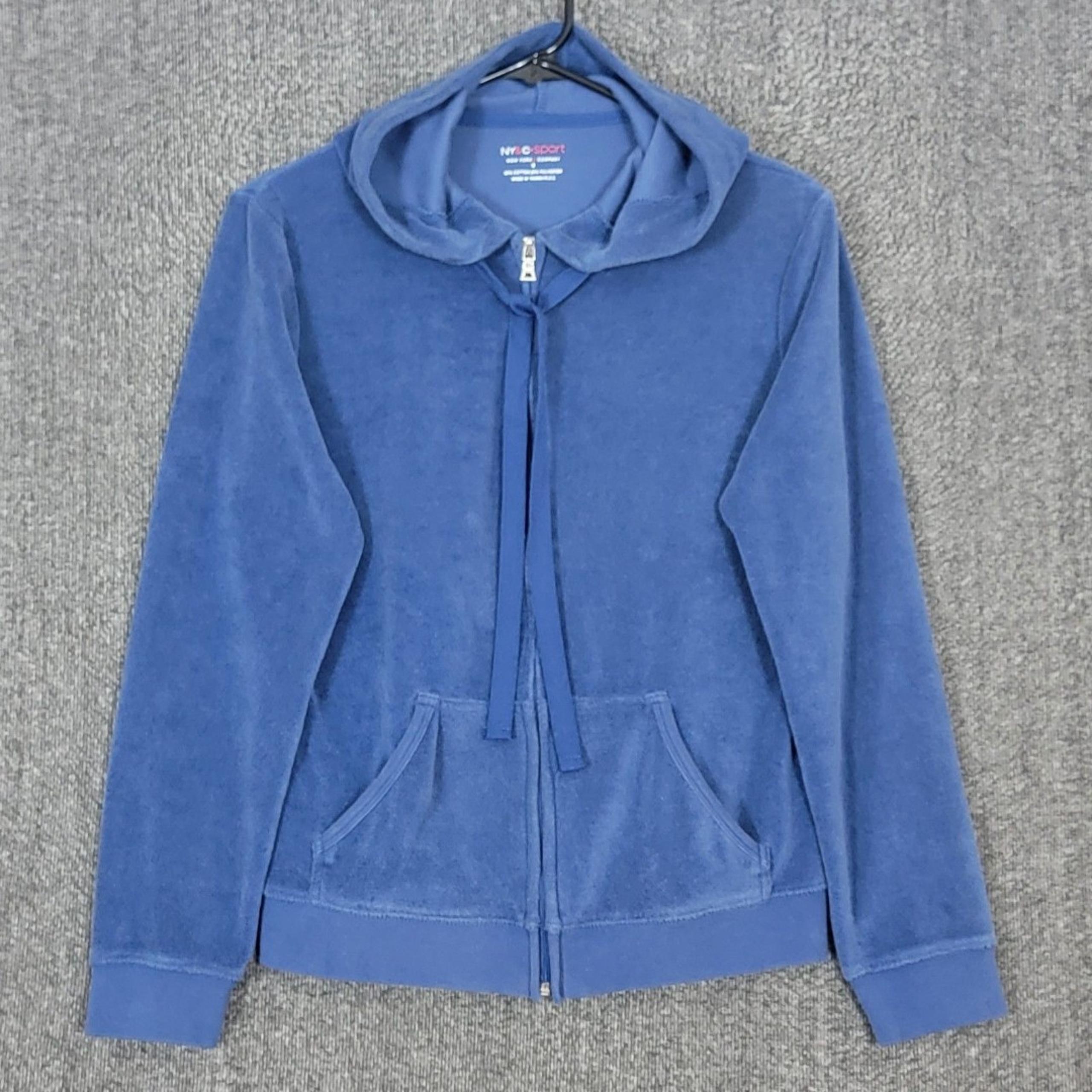 New York & Company Sport NY&C Hoodie Womens Small Blue Velour Full Zip Jacket