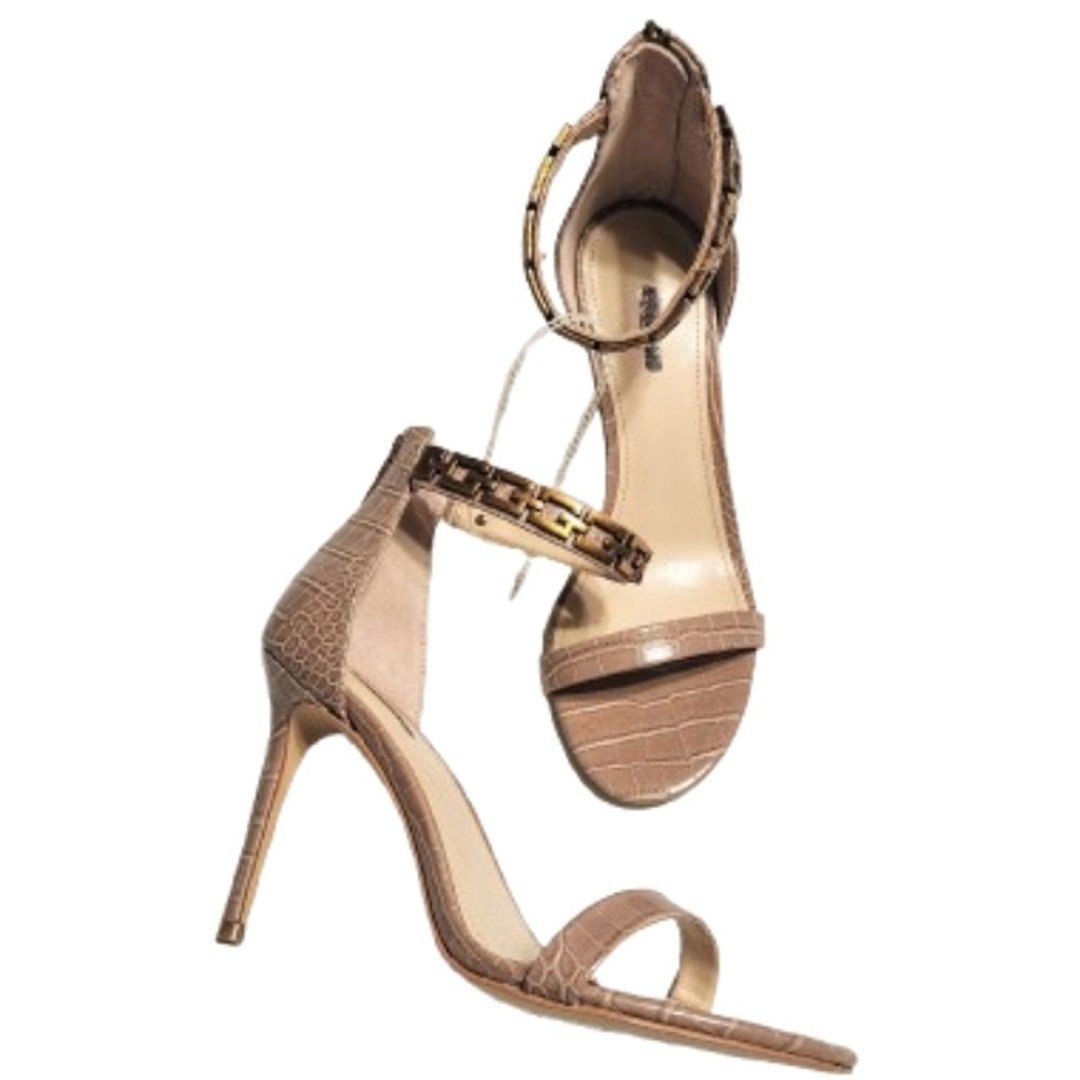 Guess Kaida NEW G-Chain Ankle Strap Faux Reptile Stiletto Heels Taupe/Gold 9 M