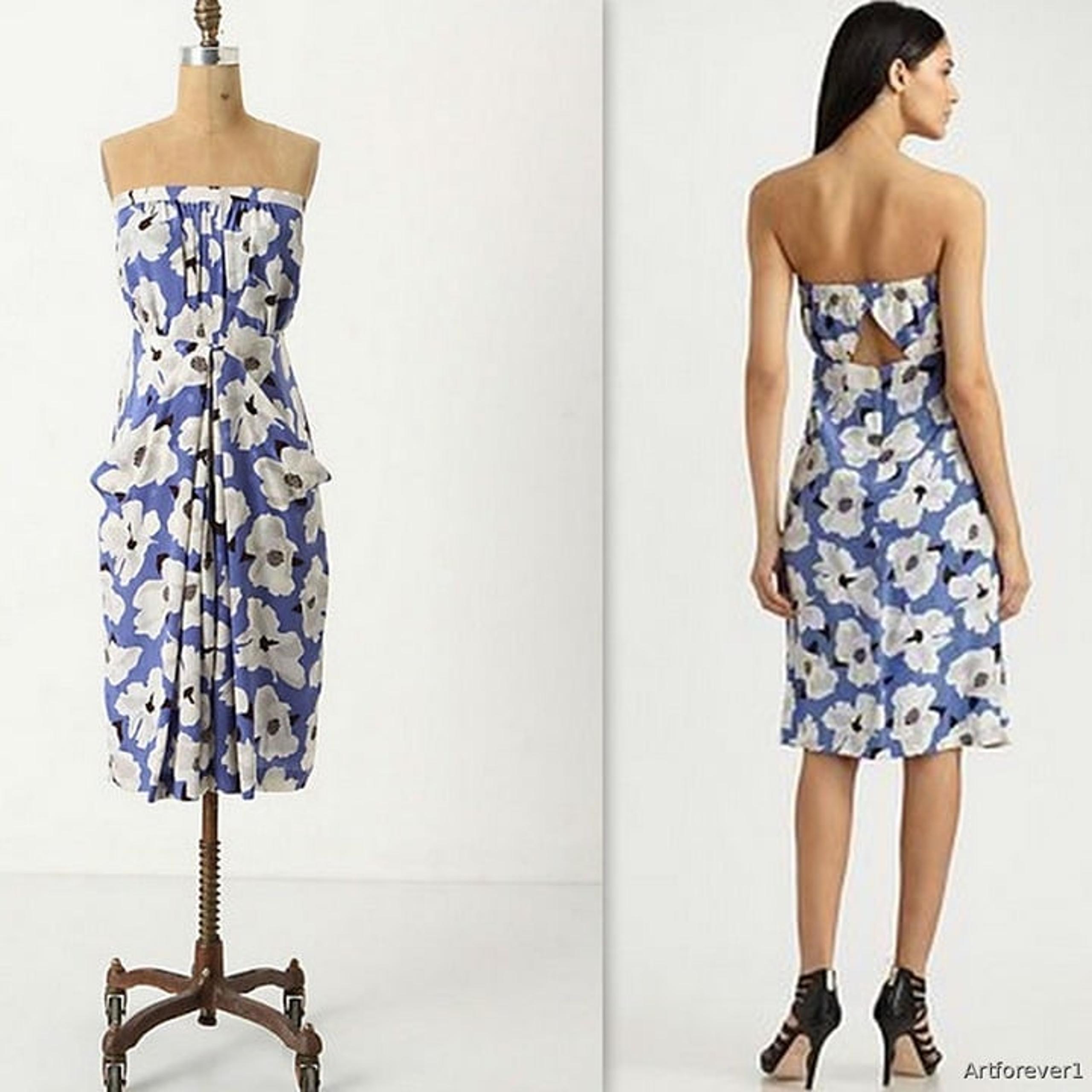 New $378 Anthropologie Leifsdottir Blue Floral Printed Strapless Silk Dress XS 0