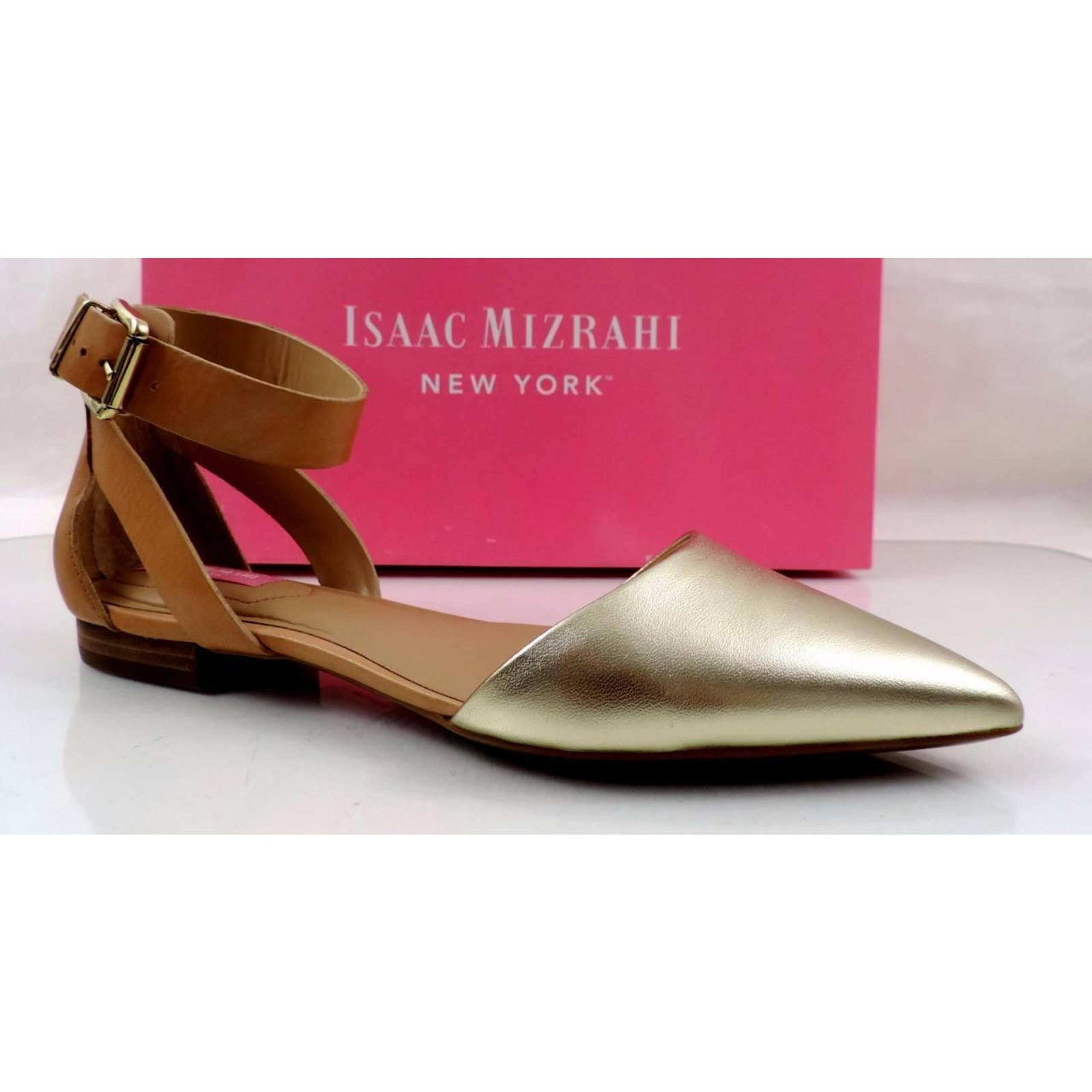Isaac Mizrahi Evelyn Ankle Strap Flat Sandal Pointed Toe Gold / Natural Size 7.5