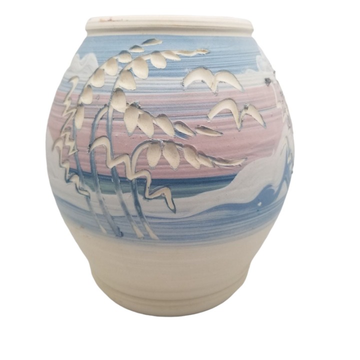 Vintage Beach House Pottery Vase Signed Ocean Carved Pink Blue Sunset Sunrise