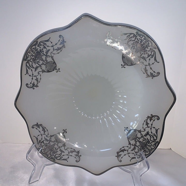 Vintage Milk Glass Silver Filigree Overlay Console Bowl Art Deco Style 12 1/2”