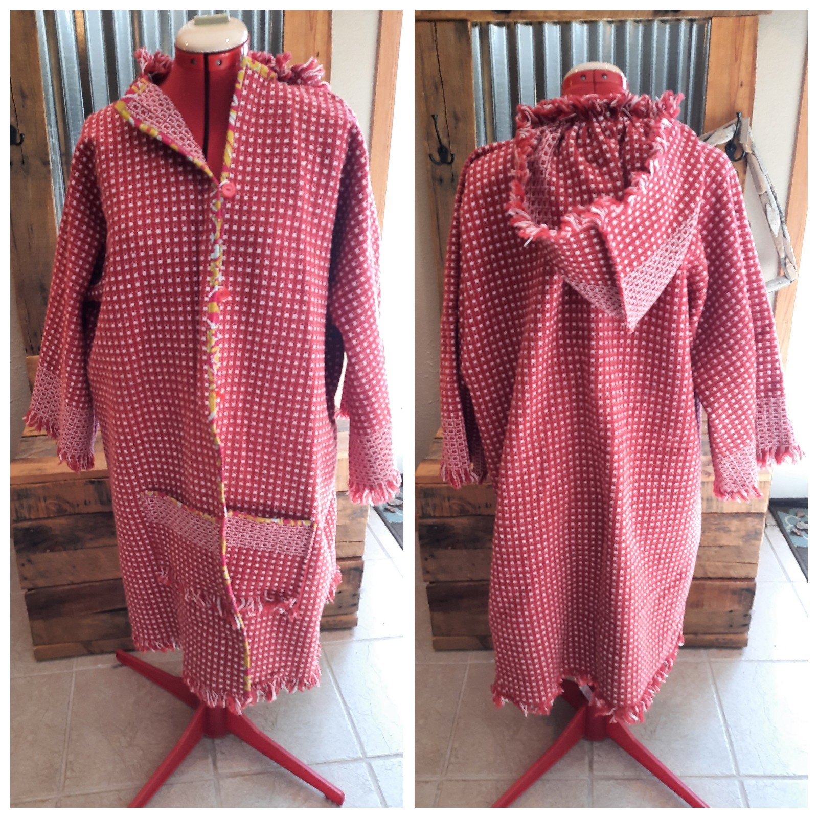 Red woven blanket coat upcycled XL-2X duster Don't Throw It Out
