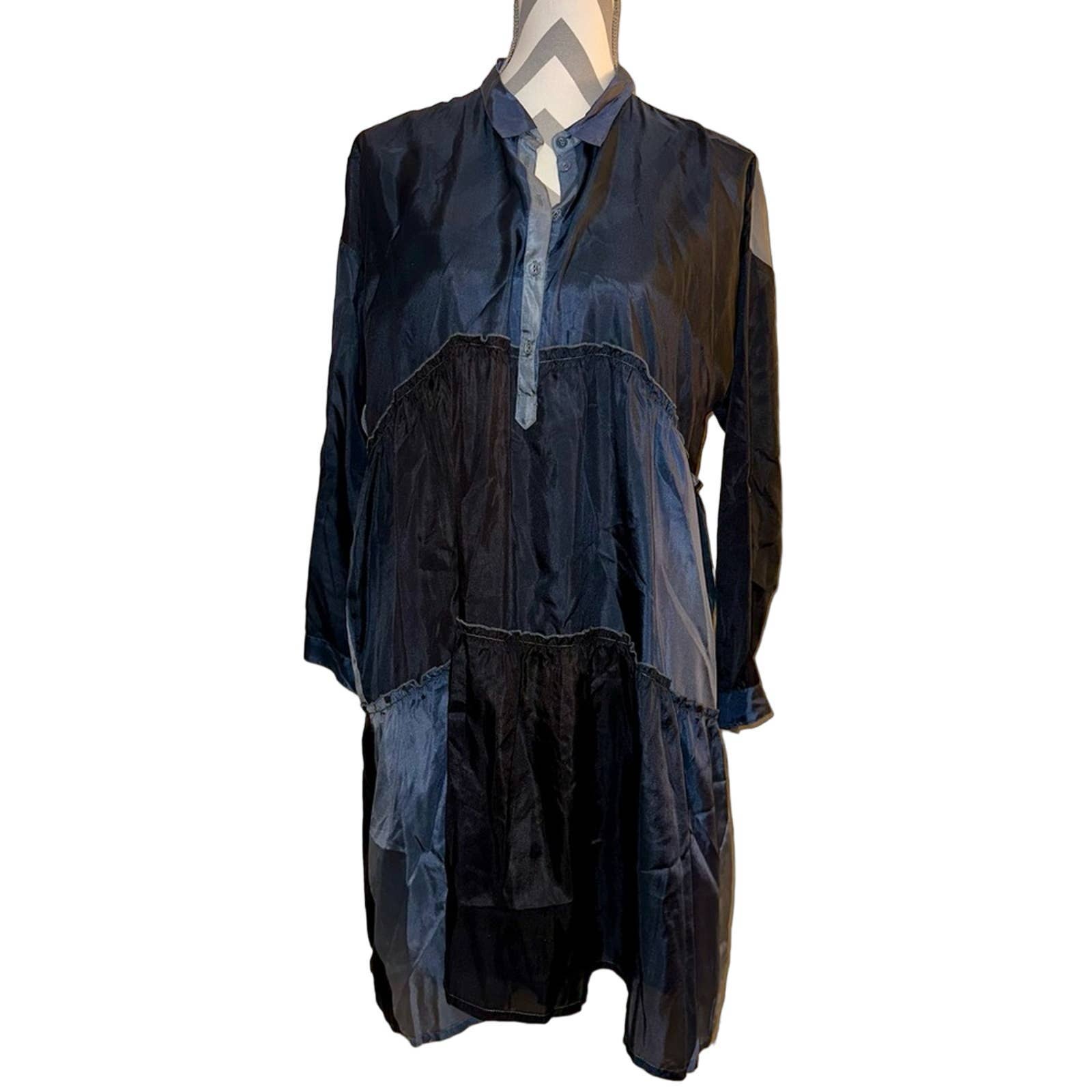 NWT Johnny Was Pete & Greta Black Gray Ombre Tiered Silk Long Sleeve Dress Small