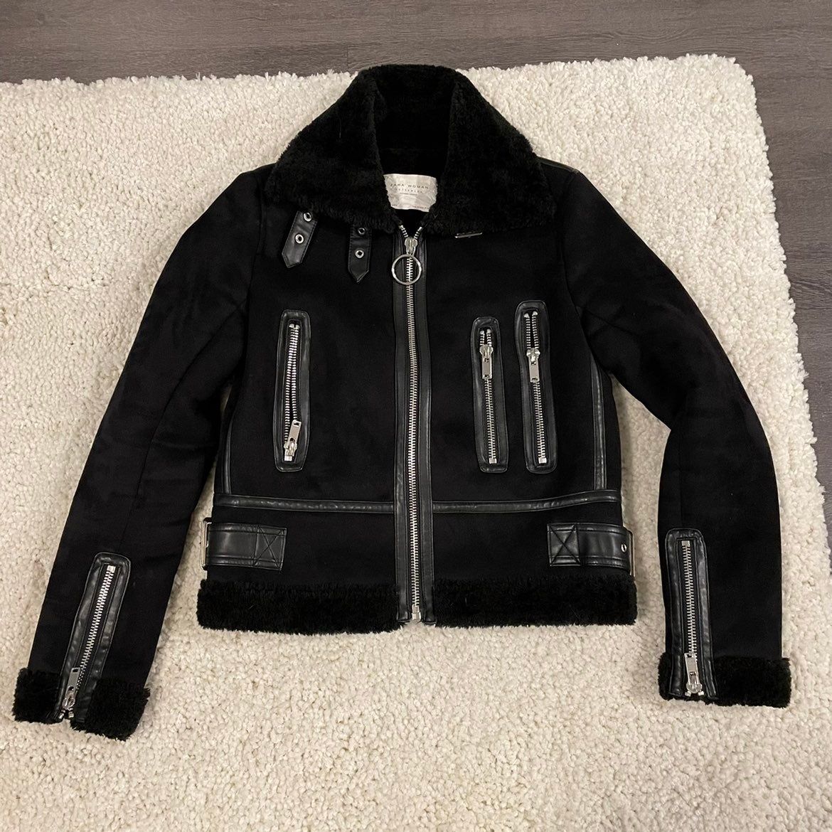 Zara womens shearling sherpa black suede silver zipper jacket xs
