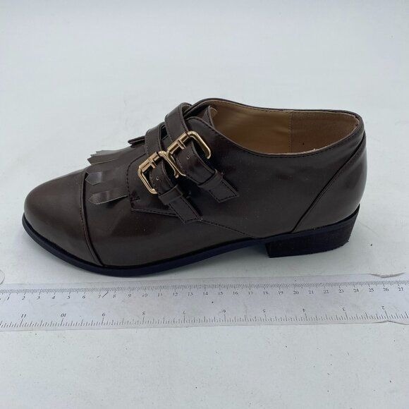 FSJ Brown Pointed Toe Chunky Heel Pumps Buckle Strap Tassels Dressy Shoes