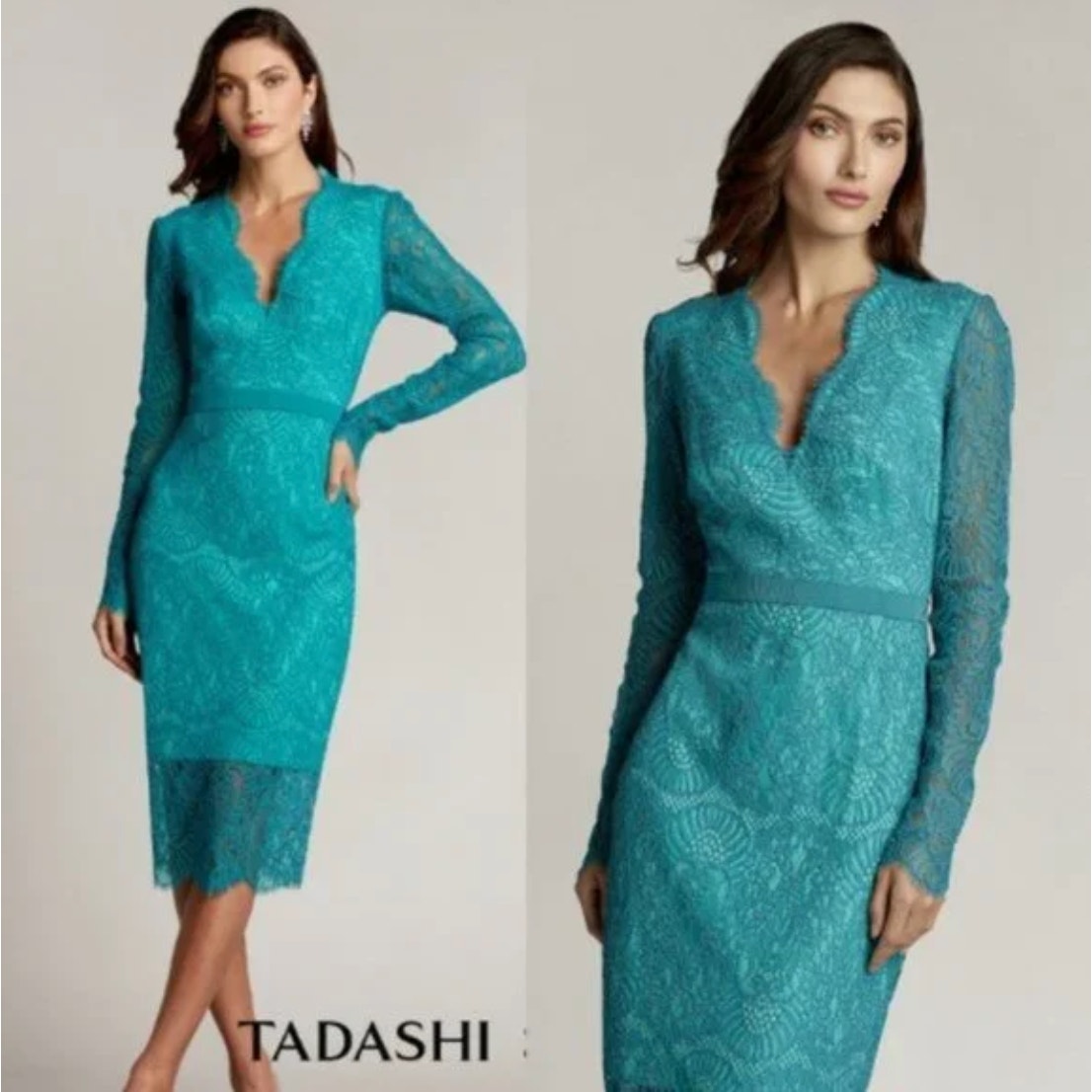 Tadashi Shoji Teal Peacock Long-Sleeved Edmund Lace Cocktail Midi Dress Size 8