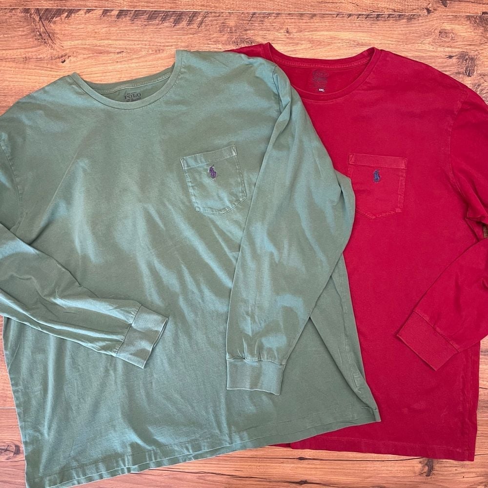 Polo Raph Lauren Mens XXL Tagless Long Sleeve Tee Bundle of 2 Red Green Pony