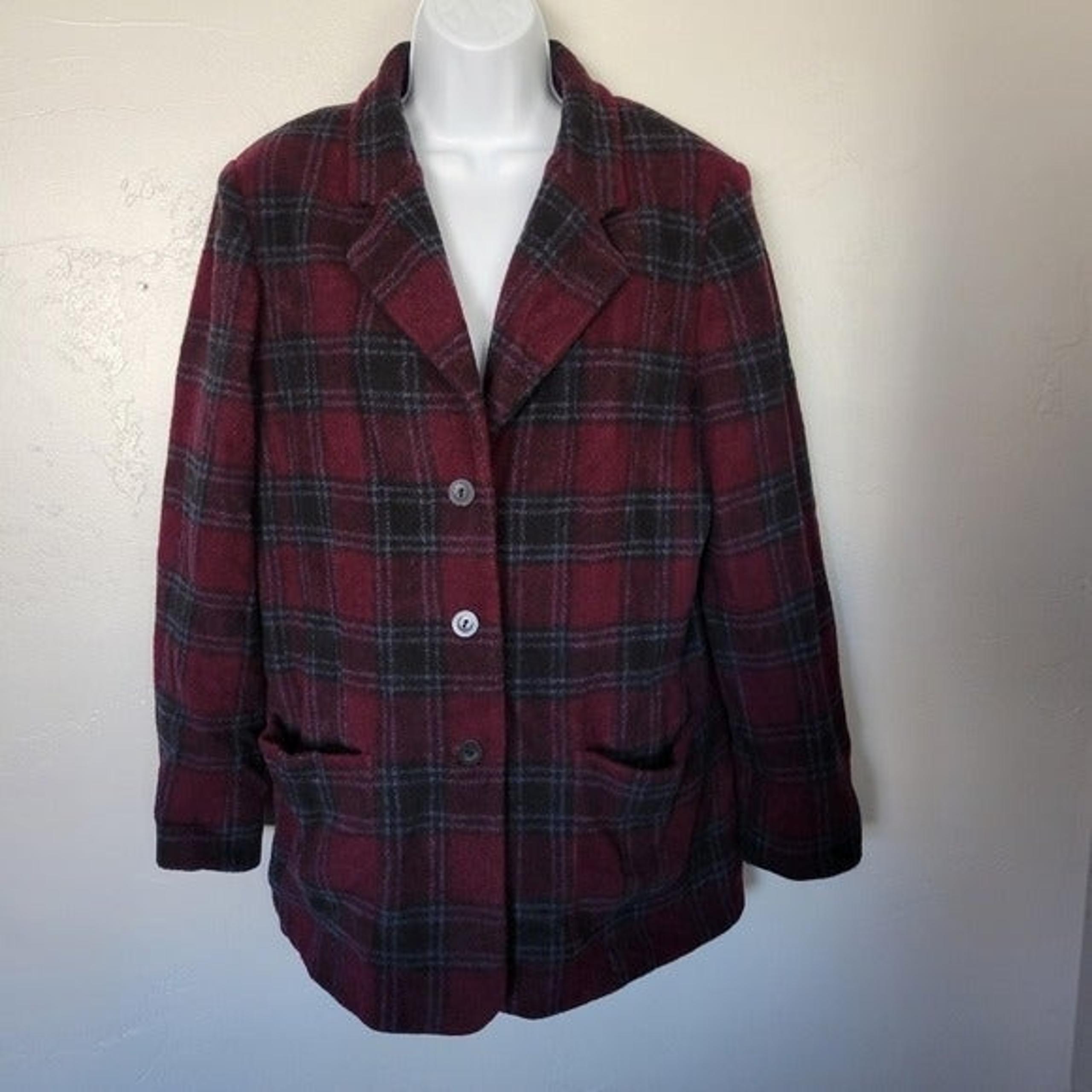 Eddie Bauer Plaid Pea Coat Red Purple Black Wool Women's Medium Coat Jacket