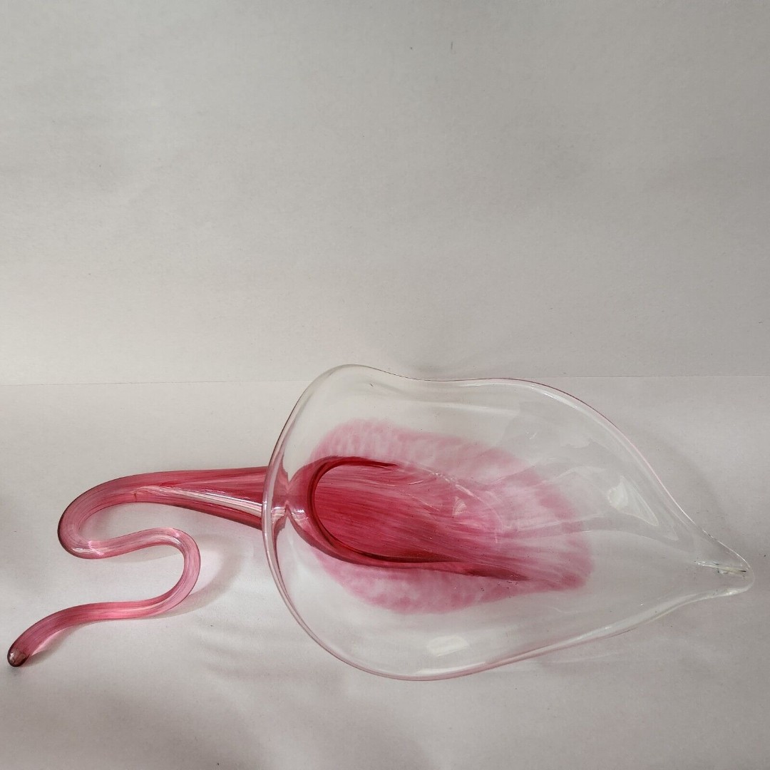 Huge HAND BLOWN Art Glass Trumpet Vase Mottled Coiled Stem Table Decor Signed