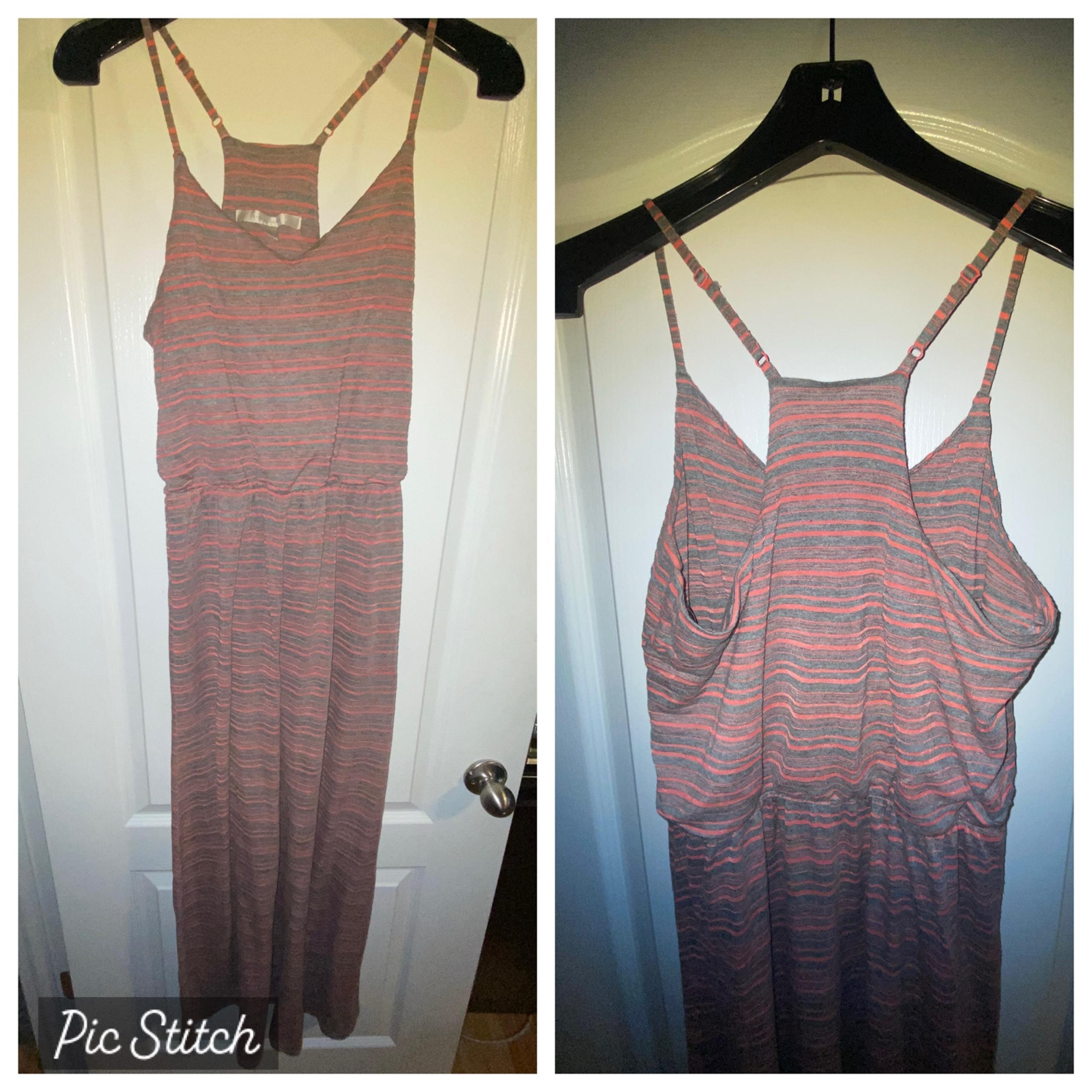 LC Lauren Conrad Coral and Gray Striped T strap Maxi Dress Small