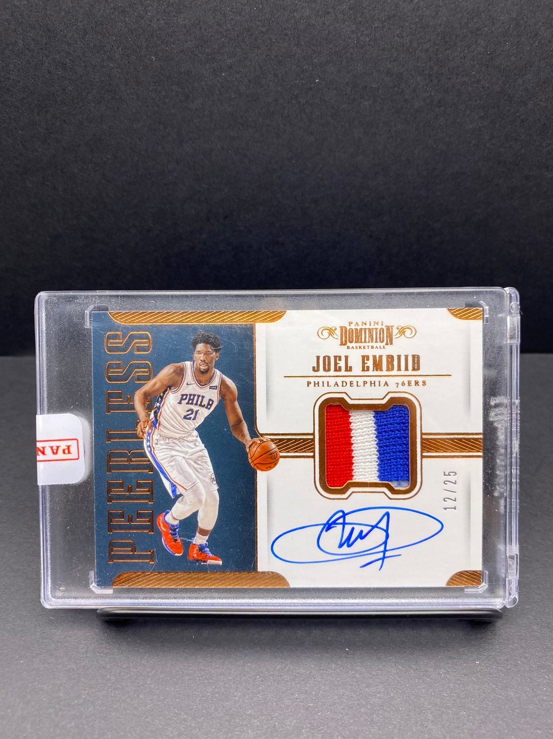 2017-18 Dominion JOEL EMBIID #12/25 Game Worn 3-color Patch Auto!