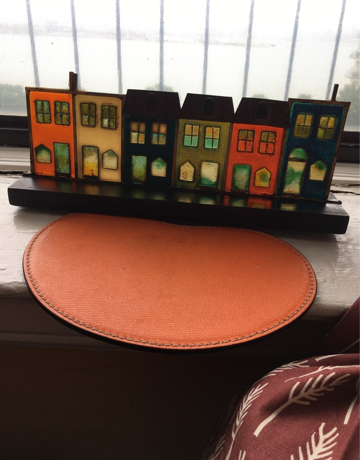Jerry Fox 1960s Stained Glass Housescape, rare American Midcentury Mod Folk Art