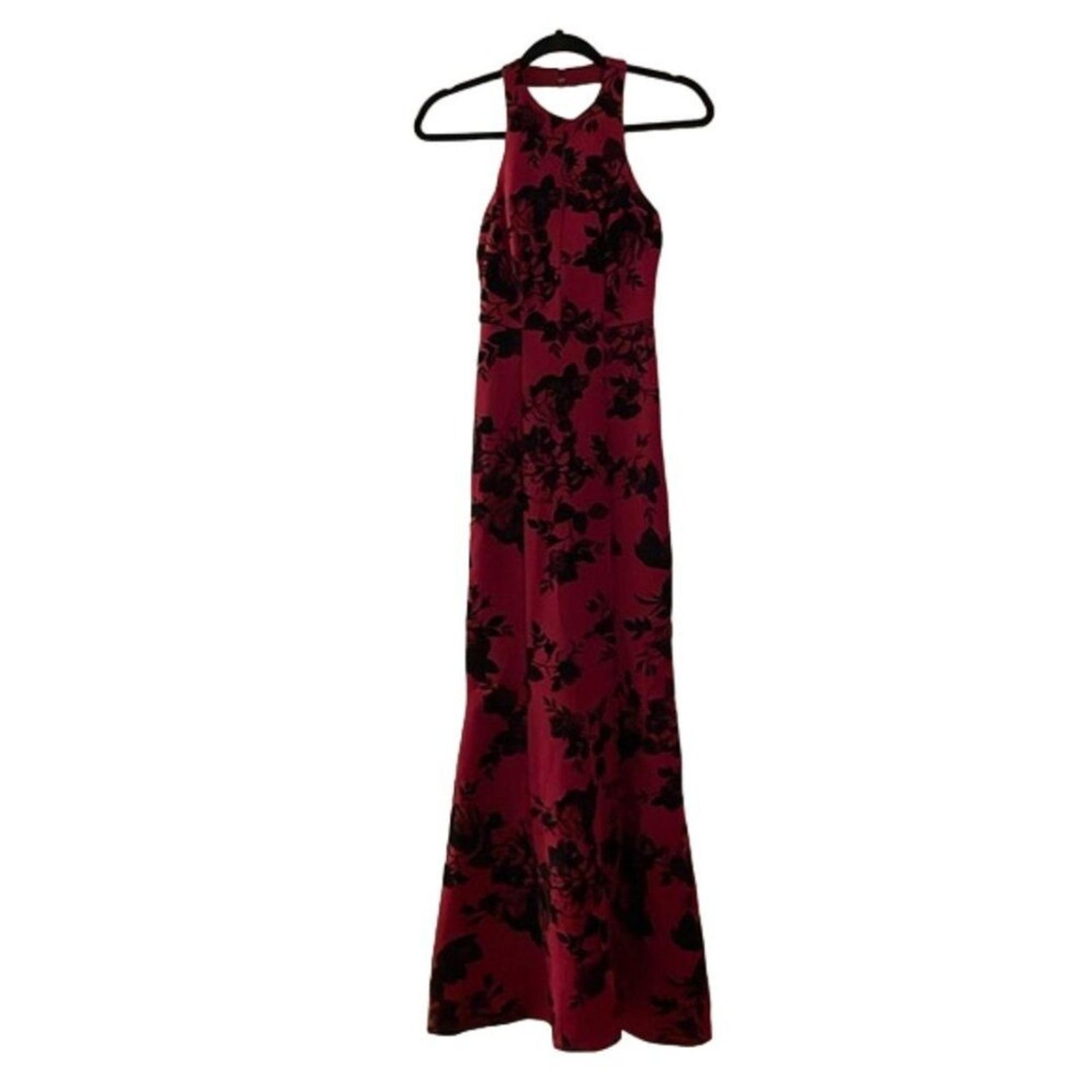 Teeze Me Vintage Red Formal Halter Mermaid Dress Juniors 1 Velvet Floral USA