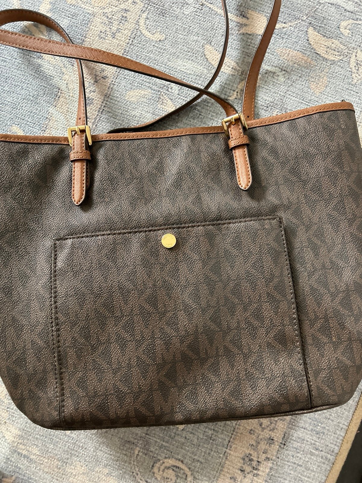 MICHAEL KORS Jet Set Medium Top Zip Signature Logo Tote Brown Luggage