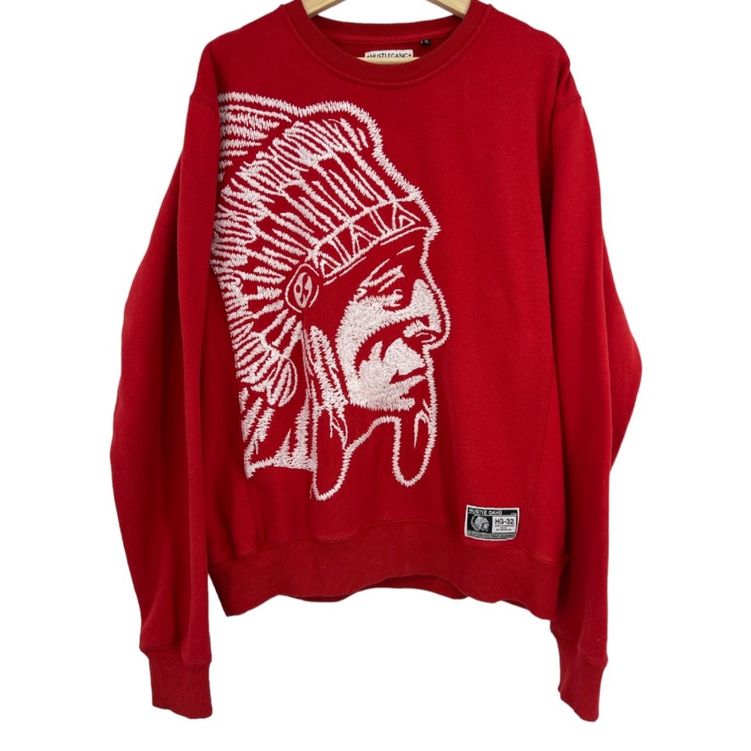 Hustle Gang sweatshirt Large Indian Chief embroidered mens top red