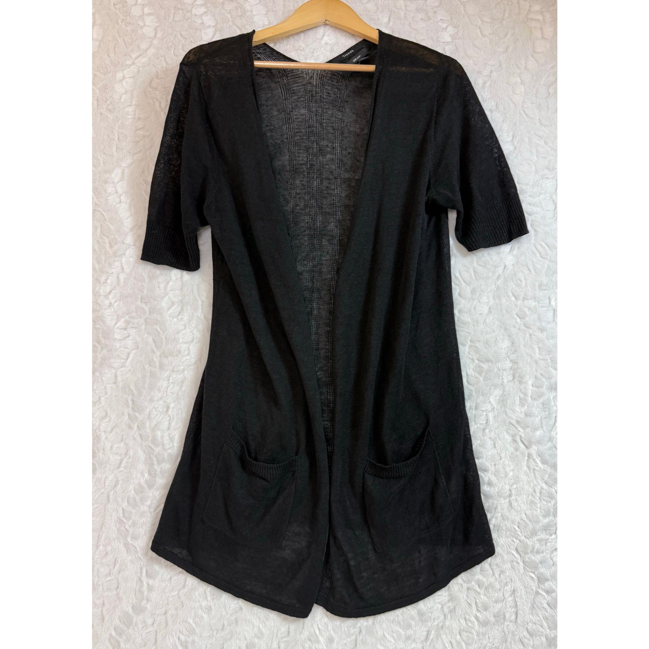 Tahari 100% Linen Black Lightweight Short Sleeve Open Front Cardigan Sweater Med