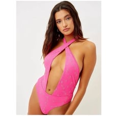FRANKIES BIKINIS Roma Eyelet One Piece Swim, Magenta, XS