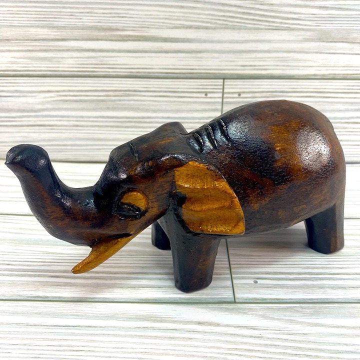 Vintage Folk Art Wood Hand Carved Elephant Figurine Statue