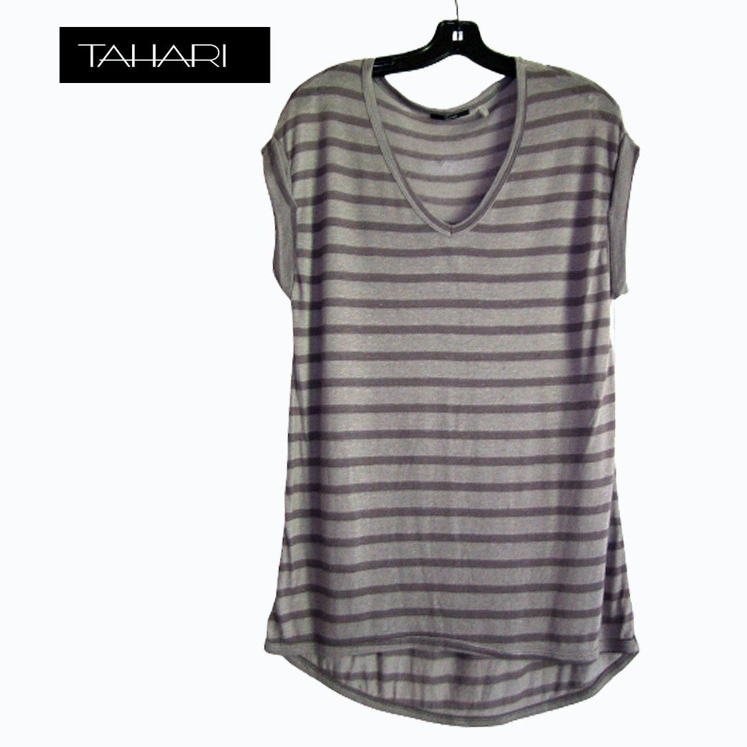 TAHARI NEW Preppy Oversized Linen Blend Striped Cuffed Short Sleeve Top M